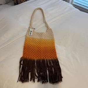 Revue Crochet Fringe Shoulder Bag - Cream, Orange, Brown